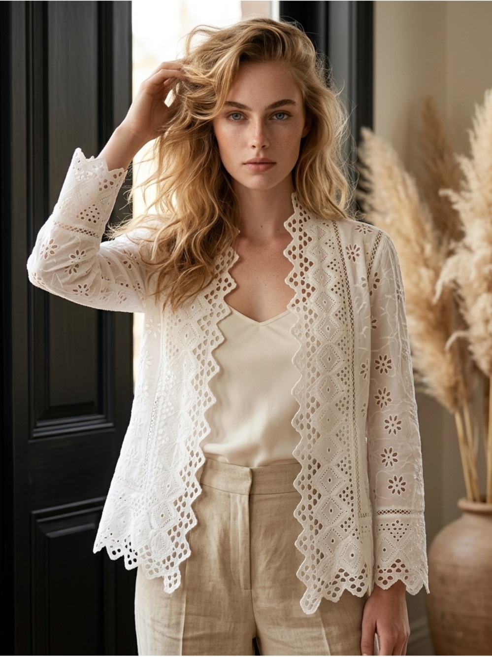 Lauren Ralph Lauren White Lace Eyelet Embroidered Open-Front Jacket Size PM